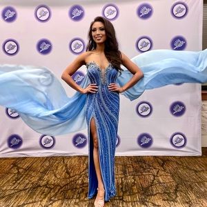 Beaded blue pageant gown with custom cape